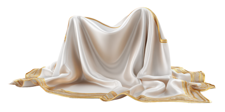 Luxurious white silk fabric with elegant gold trim drapes gracefully, creating sense of opulence and sophistication. smooth texture and flowing folds add touch of elegance