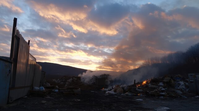Rural dumpsite with smoldering garbage and smoke under dramatic sky at sunset creates striking scene. contrast of colors evokes sense of urgency and environmental concern