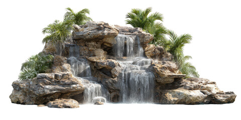 Realistic 3D illustration of tropical waterfall cascading over rocky formations surrounded by lush green palm trees, creating serene and natural atmosphere