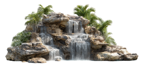 Realistic 3D illustration of tropical waterfall cascading over rocky formations surrounded by lush green palm trees, creating serene and natural atmosphere