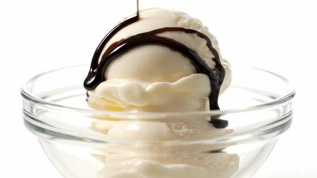 Delicious Vanilla Ice Cream Sundae with Chocolate Syrup Drizzled in a Clear Glass Bowl for Dessert