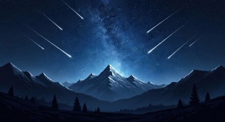 A peaceful meteor shower streaks across a starry night sky above a snowy mountain range, with the Milky Way visible. A dramatic and serene vector illustration.