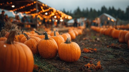 Pumpkins for sale at a pumpkin patch in autumn. Farm autumn festival with lights and people in the background