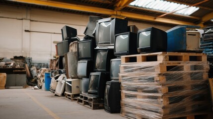 Old televisions stacked in industrial scrapyard, surrounded by various discarded items, create striking visual of urban decay and recycling efforts