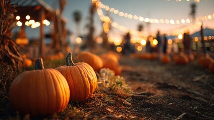 Pumpkins for sale at a pumpkin patch in autumn. Farm autumn festival with lights and people in the background
