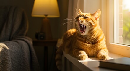 An orange cat yawning by the window
