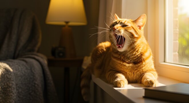 An orange cat yawning by the window - Powered by Adobe