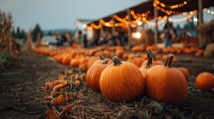Pumpkins for sale at a pumpkin patch in autumn. Farm autumn festival with lights and people in the background
