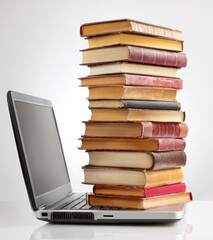 Tall stack of old books on a laptop, symbolizing knowledge and learning in the digital age, against a plain white backdrop