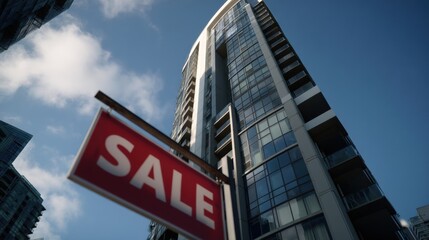 Modern high rise condominium with prominent sale sign, showcasing sleek architecture against clear blue sky. building reflects contemporary design and urban living