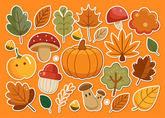 Autumnal Stickers Featuring Pumpkins Leaves and Mushrooms on a Vibrant Orange Background