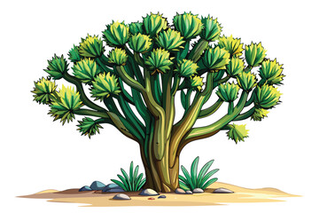 Whimsical Desert Tree Illustration A Cartoon Style Joshua Tree with Green and Yellow Foliage Growing on a Sandy Landscape