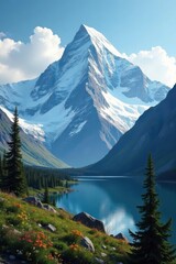 Majestic Denali peak, snow capped mountains, Alaskan wilderness, panorama, ice