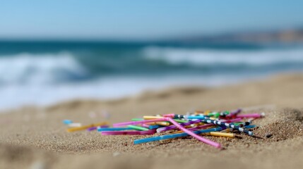 Colorful plastic straws scattered on sandy beach, creating vibrant contrast against natural landscape. gentle waves in background add serene touch to scene