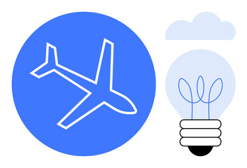 Airplane in a blue circle with a glowing lightbulb and cloud suggesting invention, creativity, travel, inspiration, innovation, technology, problem-solving. Ideal for design, brainstorming
