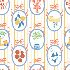 Mediterranean summer seamless pattern. Hand drawn striped Italian dolce vita elements in the round frames decorated bows. Cute lobster, lemons coquette Amalfi background or textile design in vector.