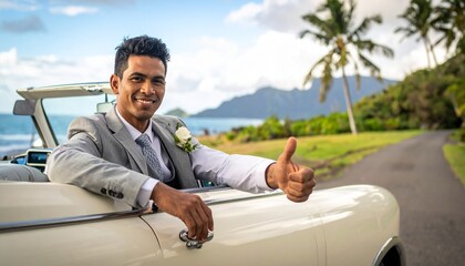 Groom giving thumbs up while leaning on a classic convertible with palm trees and ocean in background