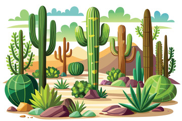 Vibrant Desert Landscape with Various Cacti and Lush Greenery in a Cartoon Style Illustration with Muted Clouds