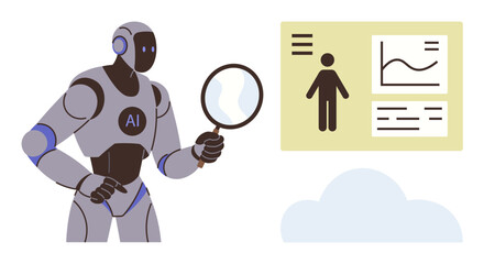 Robot labeled AI holding a magnifying glass examines human and data charts on an interface. Ideal for technology, AI, data analysis, innovation, research, machine learning, futuristic design. Simple