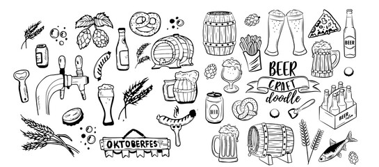 Beer brewery icons collection. Glasses, bottle, barrel hand drawn elements for pub, bar menu. Vector sketch illustration
