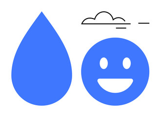 Blue water droplet, happy face, and clean-lined cloud emphasize nature, joy, freshness, simplicity, sustainability, and optimism. Ideal for environment wellness education digital tech marketing