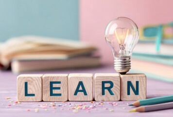LEARN" spelled out with wooden blocks topped with a glowing lightbulb, pencils, books, and confetti on a pastel background