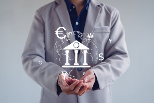 Business touch on bank and international trading currency, dollar yuan yen euro and pound sterling sign.   world economy money, transfer.Global currency exchange concept.