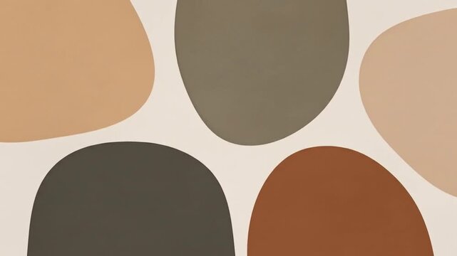 Abstract organic shapes in earthy tones, featuring rounded forms in beige, brown, olive green, and terracotta on a light background, creating a minimalist and modern design.