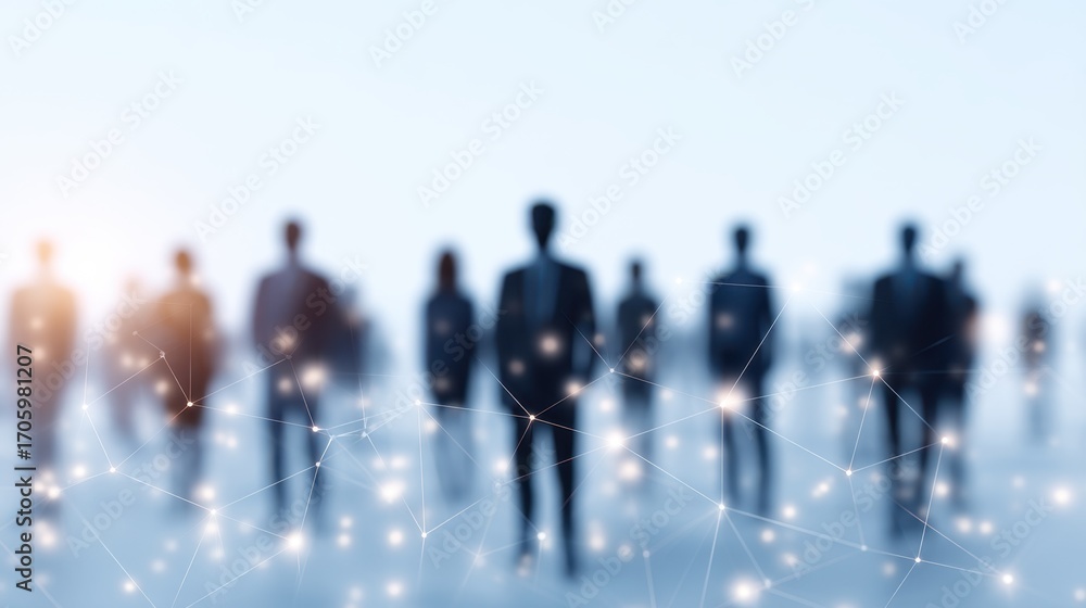 Poster silhouetted business people walking in a networked environment with glowing nodes and soft focus eff