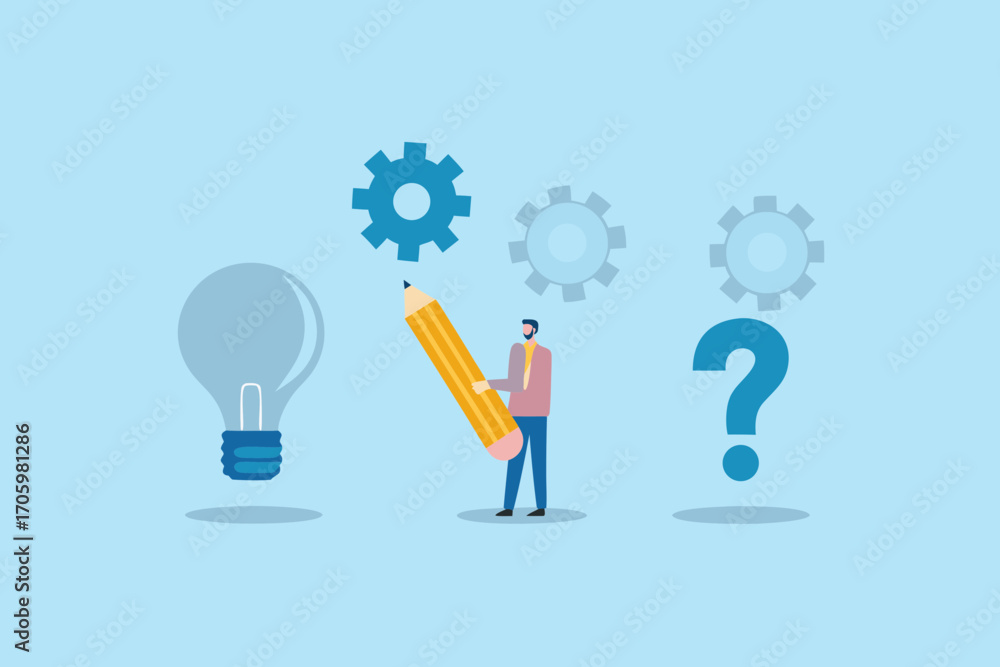 Aufkleber man with pencil interacting with lightbulb gears and question mark symbolizing idea generation and p