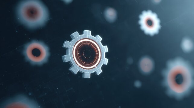Futuristic Digital Gears and Cogs Rotating in a Virtual Space with Glowing Elements and Abstract Background Perfect for Technology and Innovation Themes