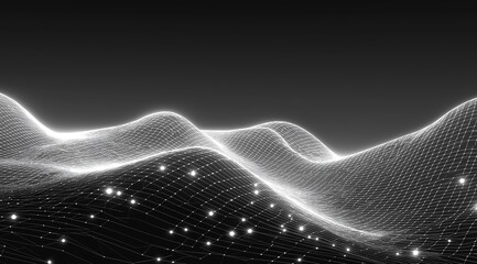 Abstract black and white grid wave pattern in hyper-realistic 3D render with cinematic lighting for AI algorithms and data science analytics.