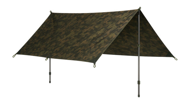 A-frame camo shelter with adjustable poles for forest camping - Powered by Adobe