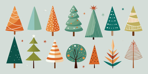 Festive Holiday Cheer Diverse Christmas Trees Graphic Illustration Warm Color Palette Minimalist Christmas Illustration Artistic Holiday Scene