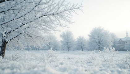 Fototapeta premium Winter's Embrace A serene landscape blanketed in snow with frost-covered trees, evoking a sense of calmness and the stark beauty of the season