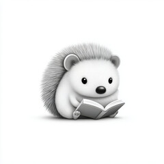 Cute fluffy hedgehog happily reading a book against a white background with copy space