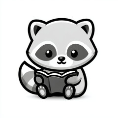 Cute cartoon raccoon happily reading a book against a white background with copy space