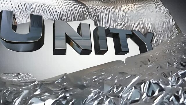 3D Chrome Unity Text Logo Reveal Animation Metallic Silver Foil Background Abstract Motion Graphics 4K