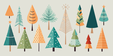 Cheerful Holiday Forest Whimsy: Playful Retro Christmas Tree Collection with Festive Colors and Geometric Charm on Neutral Background