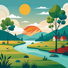 Obraz premium Scenic landscape illustration with a winding river, lush greenery, and vibrant sunrise, evoking a sense of tranquility and natural beauty, perfect for travel and nature themes