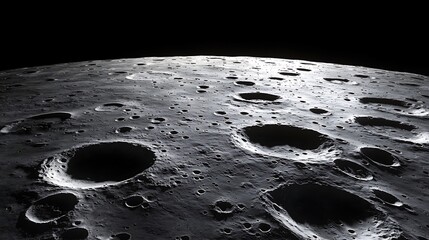 Gray moon surface with craters and rough texture against a black backdrop, detail shot