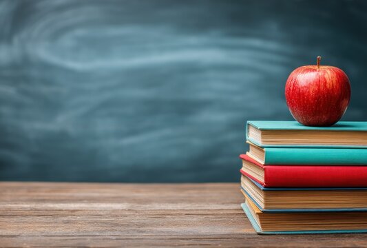 Ripe red apple sits atop stack of colorful books on a wooden desk against blurred chalkboard, suggesting knowledge, learning, and academia