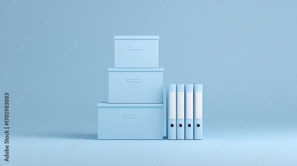 Poster minimalist office storage with stacked blue boxes and white binders on a soft blue background for or
