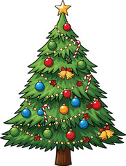 Decorated Christmas tree vector with ornaments, baubles, candy canes, bells, lights, and star in festive black and white design