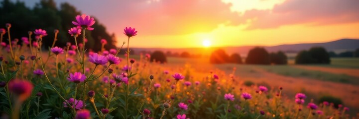 Pink and violet wildflowers bathed in the warm glow of a countryside sunset , beautiful, spring