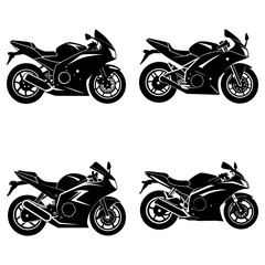 Obraz premium Four black motorcycle silhouettes with detailed designs and varying body styles on a white background