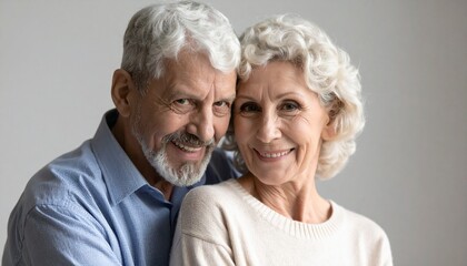 An elderly couple smiles happily enjoying retirement together.