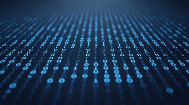 Abstract Visualization of Digital Binary Code Flowing in a Dark Environment with Blue Light Effects for Technology and Data Themes