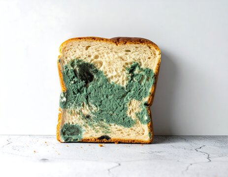 Moldy bread slice on a light surface