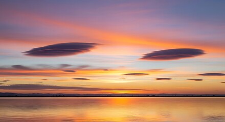 Obraz premium Sunset Sky Over Calm Water with Unique Cloud Formations.